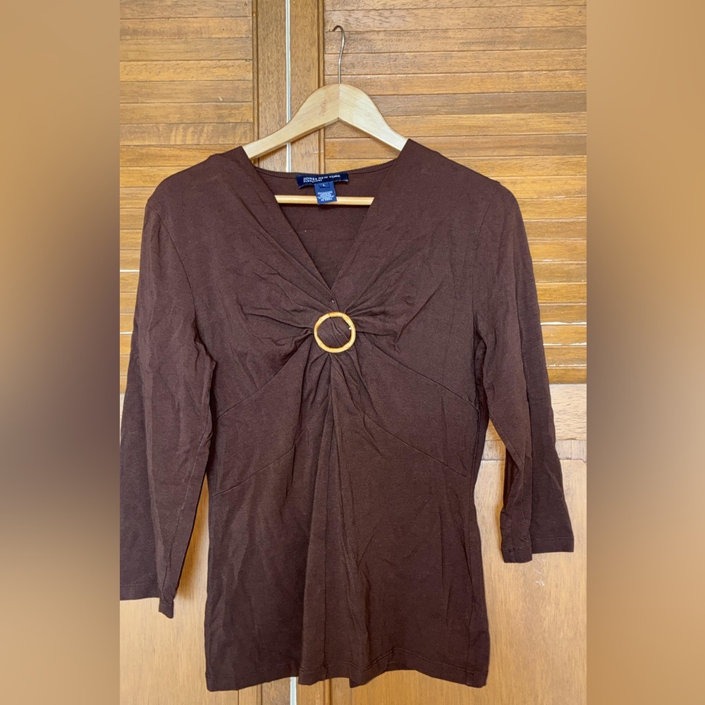 Jones New York Chocolate Brown Blouse with Gold Ring Accent